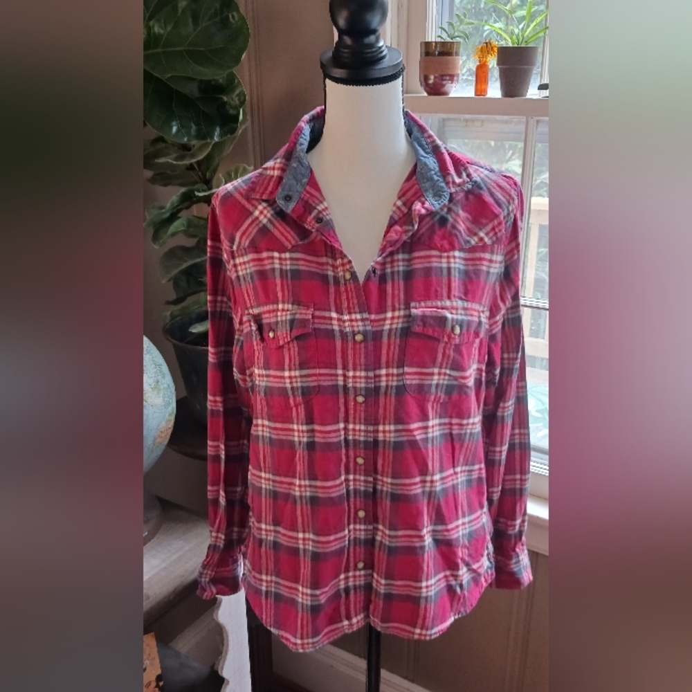 Jacks Girlfriend Red Plaid Long Sleeve Flannel Snap Button Shirt Size S "Bea"